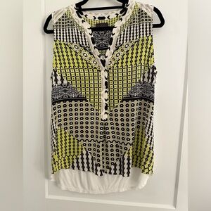 Hale Bob Printed V-Neck Button Down Sleeveless Top Large Black White and Yellow
